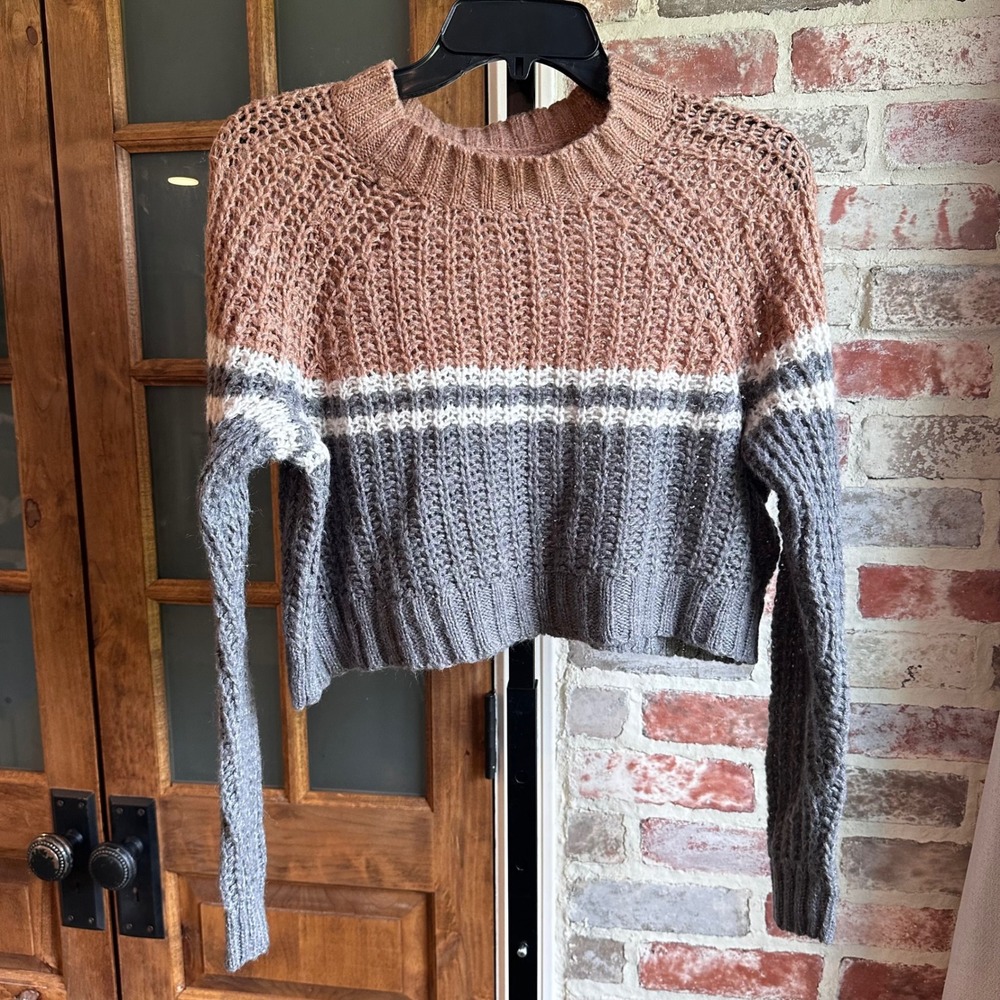 American Eagle Crop Sweater Women Gray Brown Colorblock Wool Blend Gorpcore XS